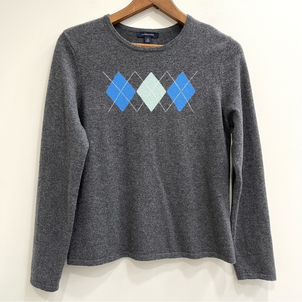 Lands End Argyle 100% Cashmere Crew Neck Women’s Sweater Gray Blue M 10-12